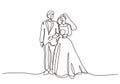 Continuous one line drawing of wedding couple. Man and woman standing with dress and gown