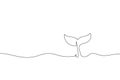 Continuous one line drawing whale. Abstract hand drawn whale tail with ocean by one line. Minimalist black line sketch