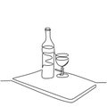 Continuous one line drawing of a wine bottle and a glass linear sketch isolated on white background. Champagne bottle with a glass Royalty Free Stock Photo
