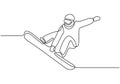 Continuous one line drawing of winter sport of snowboarding. A man on the snowboard jumping freestyle. Vector minimalism design Royalty Free Stock Photo