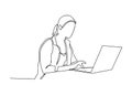 Continuous one line drawing of a woman. Business concept. Beautiful woman sits on the floor and holding laptop isolated