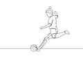 Continuous one line drawing of woman kick a ball on football game sport. Vector illustration minimalism design isolated on white