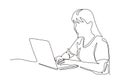 Continuous one line drawing of woman with laptop. Vector secretary concept hand drawn simplicity design