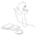 Continuous one line drawing of woman sitting in cafe with book and coffee cup. Vector Illustration. Royalty Free Stock Photo