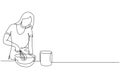 Continuous one line drawing woman talks on smartphone while preparing dinner while standing in kitchen and knead cake dough using
