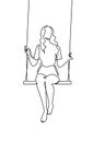 Continuous one line drawing youg woman swinging on swing. Leisure time vector illustration.