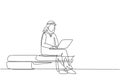 Continuous one line drawing young Arabian man studying with laptop and sitting on big book. Back to school, intelligent student, Royalty Free Stock Photo