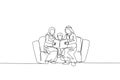 Continuous one line drawing of young Arabian parent sitting on sofa with their boy, reading a book. Happy Islamic muslim parenting