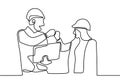 Continuous one line drawing of young architect discussing construction design with foreman manager with minimalist design isolated