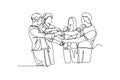 Continuous one line drawing young business group holding hand together as great team. Business teamwork concept. Successful man