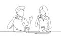 Continuous one line drawing young couple having hamburger meal around table at restaurant. Happy teenagers talking, smiling and