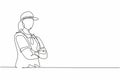 Continuous one line drawing of young deliverywoman posing crossed arms on chest before working. Professional job profession