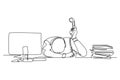 Continuous one line drawing young despair manager give up answering phone call and cover his face on the desk. Work overload at