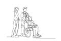 Continuous one line drawing young doctor and nurse visiting and handshaking the old patient with wheelchair in hospital. Royalty Free Stock Photo