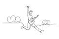 Continuous one line drawing young energetic guitarist jumping at stage and playing electric guitar. Energetic musician artist Royalty Free Stock Photo