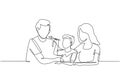 Continuous one line drawing young family having fun together in modern restaurant. Boy feeds his father with love. Happy little Royalty Free Stock Photo