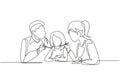 Continuous one line drawing young family having fun together in restaurant. Parents feeds they daughter with love. Happy little Royalty Free Stock Photo