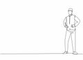 Continuous one line drawing of young handsome doorman pose standing and waiting for hotel guests. Professional job profession