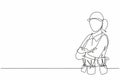 Continuous one line drawing of young handy woman pose cross arms on chest before going to work. Professional job profession