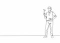 Continuous one line drawing of young handyman holding hammer. Professional job profession minimalist concept. Single line draw