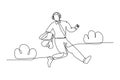 Continuous one line drawing of young happy business man carrying a suit jumping over the cloud while listening music. Business Royalty Free Stock Photo