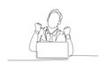 Continuous one line drawing of young happy business man sitting on chair and open laptop to read business contract agreement. Royalty Free Stock Photo