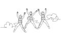 Continuous one line drawing young happy business man and business woman jumping to celebrate their successive business. Business