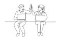 Continuous one line drawing of young happy couple business man and business woman opening their laptop and giving high five Royalty Free Stock Photo