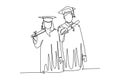 Continuous one line drawing young happy couple college student proud to show their graduation letter to celebrate their graduate.