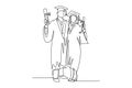 Continuous one line drawing of young happy couple college student show their graduation roll letter to celebrate their graduate.