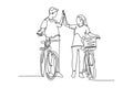 Continuous one line drawing young happy couple male and female take walk with bicycle at outfield park, giving high five gesture.