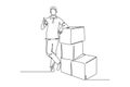 Continuous one line drawing young happy delivery man thumbs up while lift up and deliver carton box packages to customer. Delivery