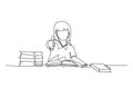 Continuous one line drawing young happy elementary school girl student studying in the library and reading stack of book while Royalty Free Stock Photo