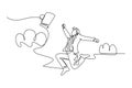 Continuous one line drawing young happy and energetic business man throwing briefcase jumping over the cloud. Business success Royalty Free Stock Photo