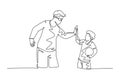 Continuous one line drawing young happy father bow his body to give high five gesture to his boy, giving high five gesture.