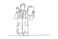Continuous one line drawing of young happy male doctor showing medical to do list task on clipboard and giving good hand gesture.