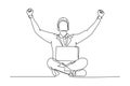 Continuous one line drawing young happy male manager sitting on floor and clenched fist raise in the air while on a laptop. Royalty Free Stock Photo