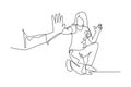 Continuous one line drawing young happy woman take a rest after do some exercise and giving high five to her friend at outfield