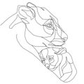 Continuous one line drawing. LION KID Young lioness with lion cub on her back. Vector illustration