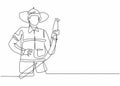 Continuous one line drawing of young male firefighter holding water nozzle. Professional job profession minimalist concept. Single