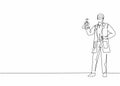 Continuous one line drawing of young male scientist holding flask contain illness vaccine formula. Professional job profession