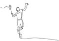 Continuous one line drawing of young man athlete playing badminton. A male jump and hit shuttlecock with racket. Competitive sport