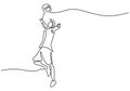 Continuous one line drawing of young man athlete playing badminton. A male jump and hit shuttlecock with racket. Competitive sport