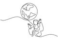 Continuous one line drawing of young man holding Earth globe. Concept of saving the earth, nature. Character boy environmental