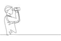 Continuous one line drawing young man looking in distance with binoculars. Enjoy beauty of nature as far as the eye can see. Find