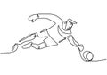 Continuous one line drawing of young man playing football as a keeper. Goalkeeper warding a ball. Professional keeper. Vector