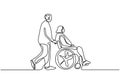 Continuous one line drawing of a young man pushing wheelchair with disabled old woman. Helping elderly, disable people and sick Royalty Free Stock Photo