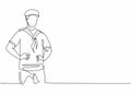 Continuous one line drawing of young sailor man wearing sailing uniform with hat before have a sail. Professional job profession