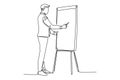 Continuous one line drawing of young sales manager pointing a finger to the infographic on screen board during meeting. Work
