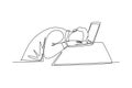 Continuous one line drawing young sleepy male worker fall asleep on laptop while he was working on his desk. Work fatigue or